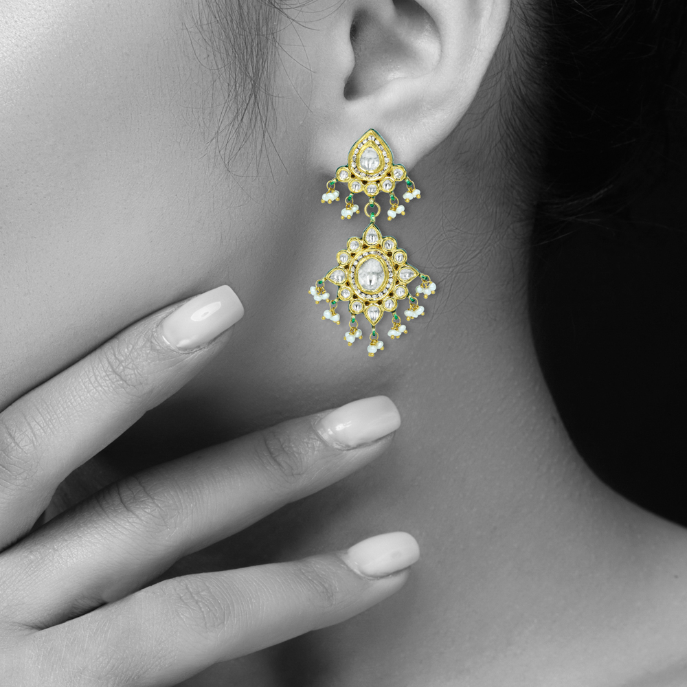 Chandelier Polki Earrings with Pearls and Intricate Craftsmanship